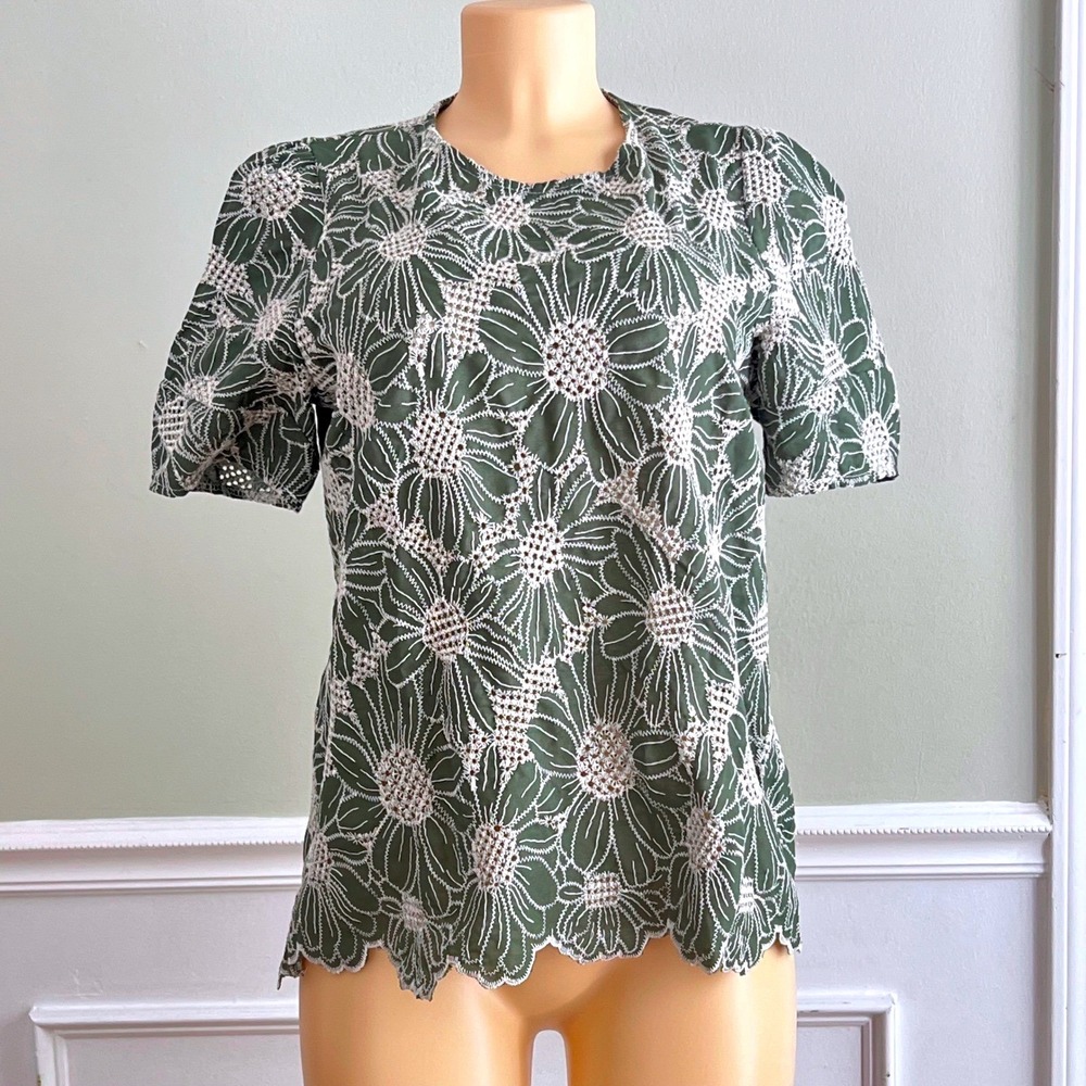 Ana & Rose Blouse Womens Medium Floral Eyelet Puff Sleeve Green Boho Cottagecore
